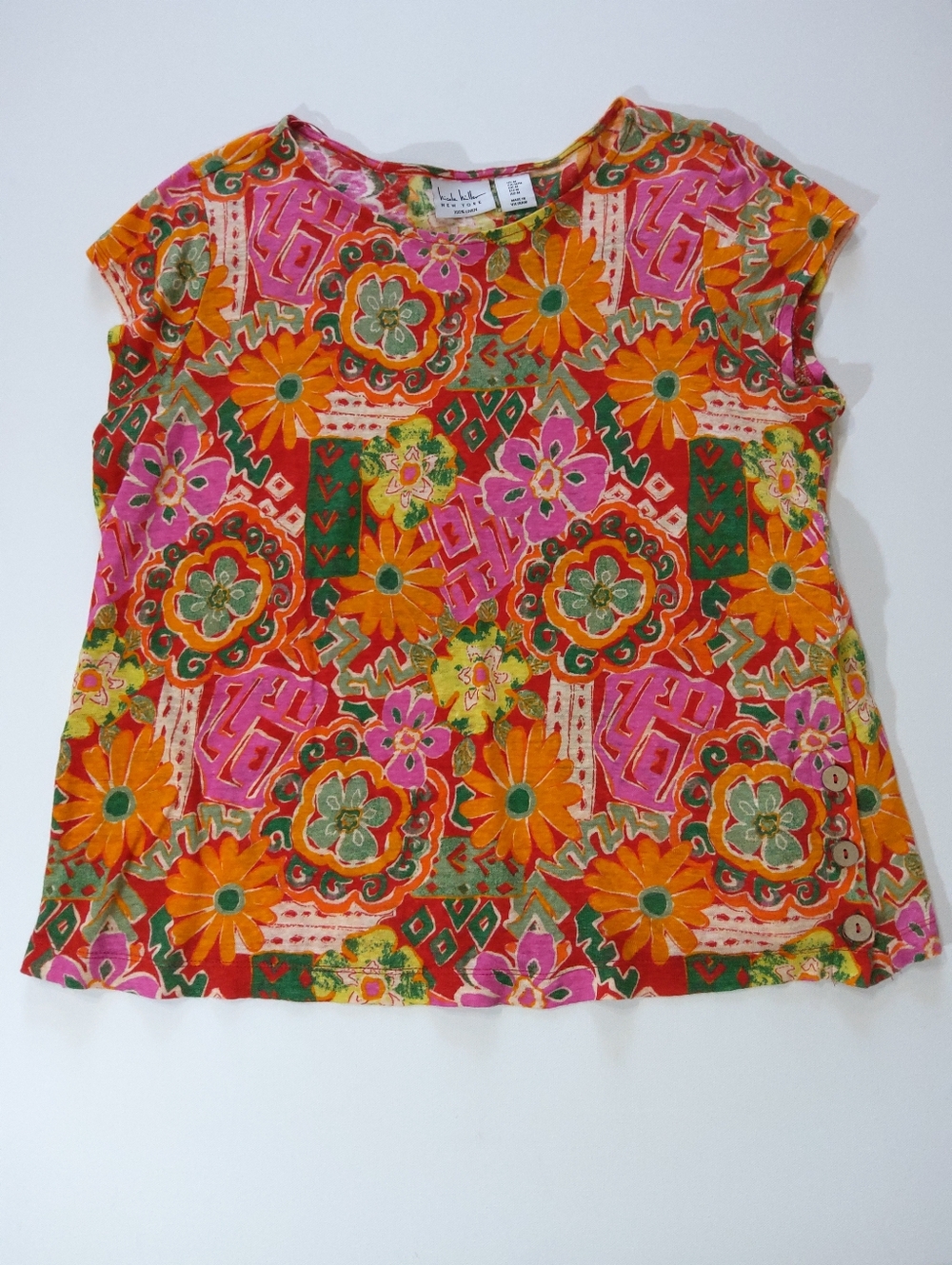 100% Linen Nicole Miller Top Womens Medium Orange Pink Green Floral Patchwork